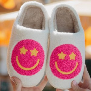 Hot Pink Star Eyed Valentine's Day Happy Face Slippers: White