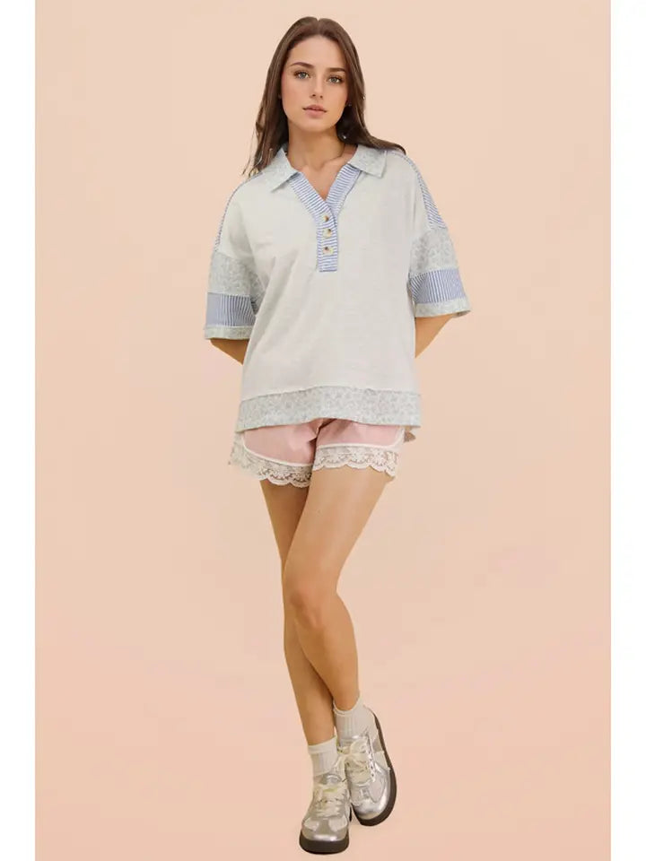 Oversized Collard Knit Top - Gray