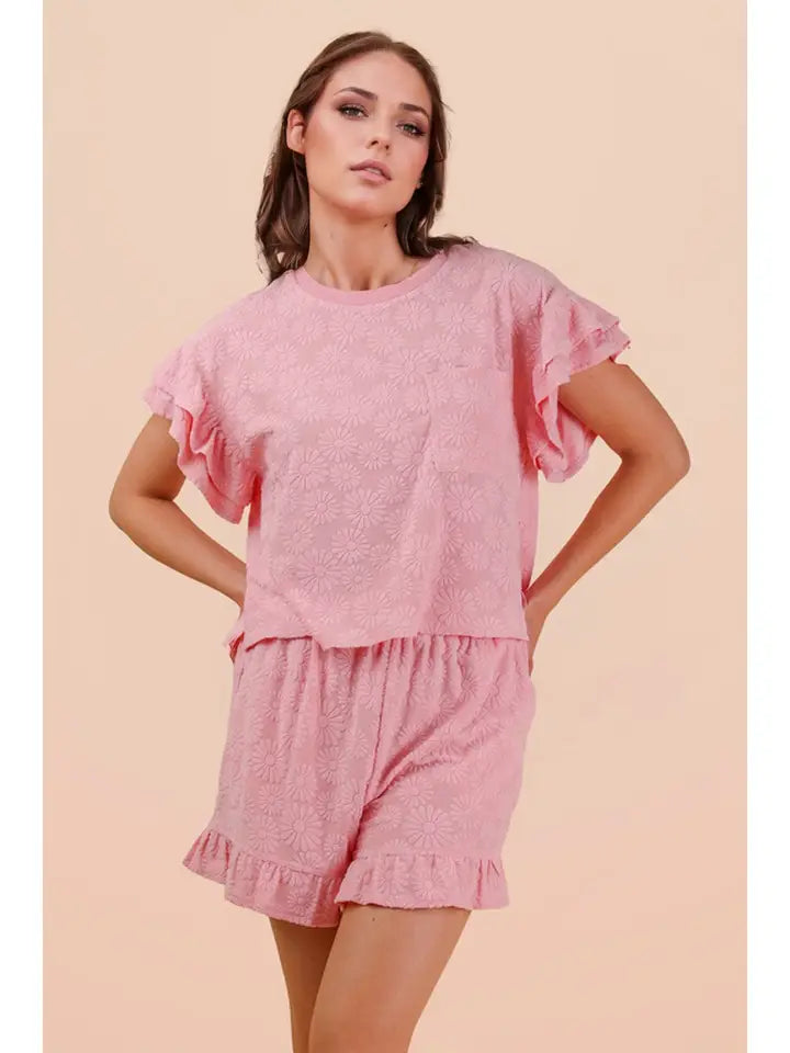 Floral Textured Ruffle Knit Set - Pink