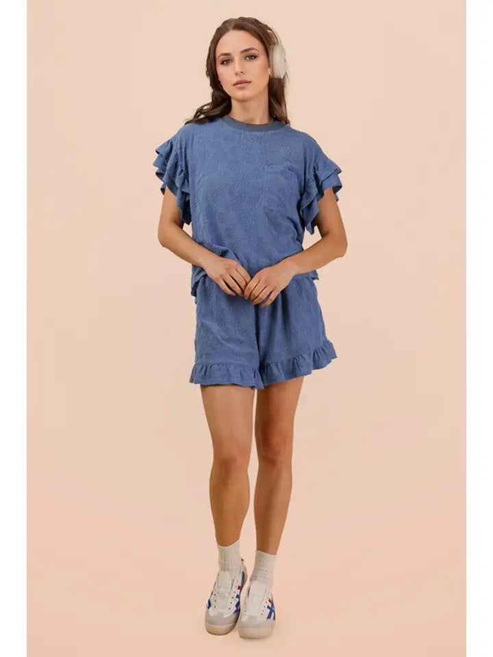 Floral Textured Ruffle Knit Set - Denim