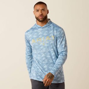 Rebar Sunblocker Printed Craft Hooded Long Sleeve T-Shirt - Dusty Blue