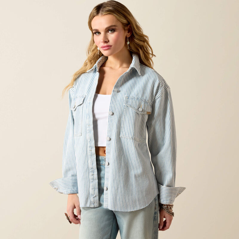 Denim Shirt Jacket - Blue White Denim Stripe