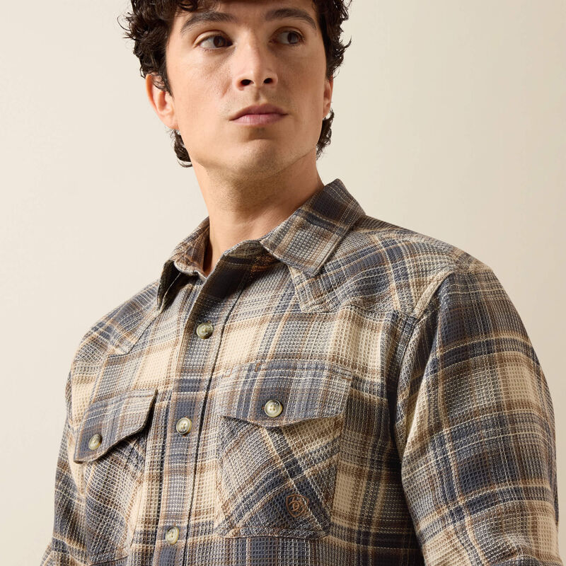 Retro Waffle Button Down Fitted Shirt - Oyster Grey Plaid