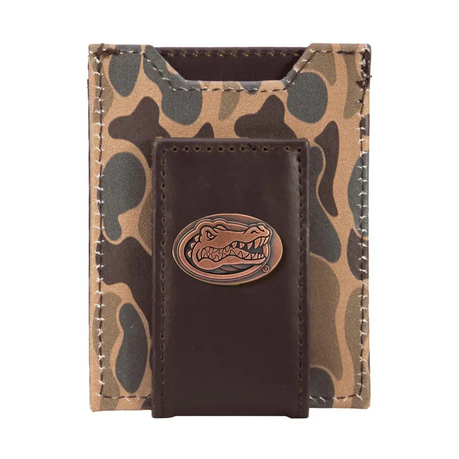 Brown Old School Camo Front Pocket Wallet - Florida Gators Concho