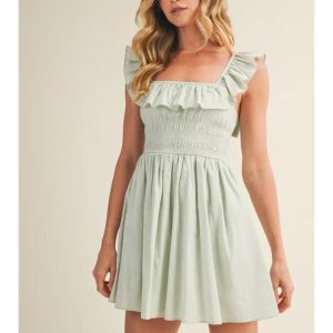Square Neck Ruffled Back-Tie Dress - Muted Mint