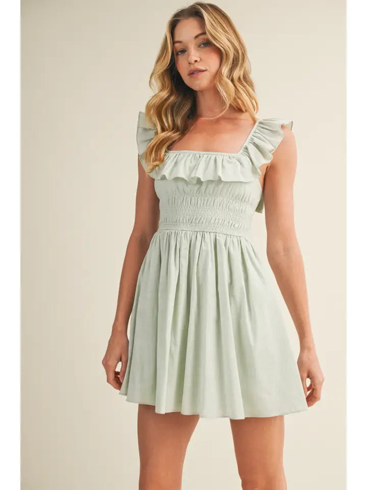 Square Neck Ruffled Back-Tie Dress - Muted Mint