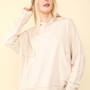 Raw Edge Cute Detail Hoodie Knit Top: Oatmeal
