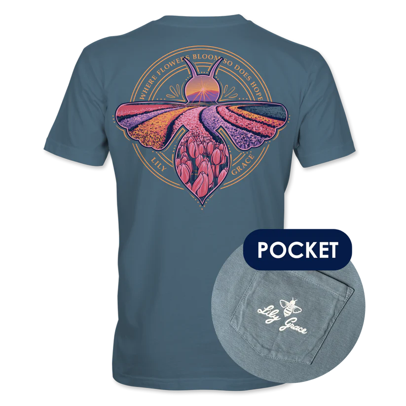 Lily Grace "Where Flowers Bloom" Preppy Pocket Tee – Slate