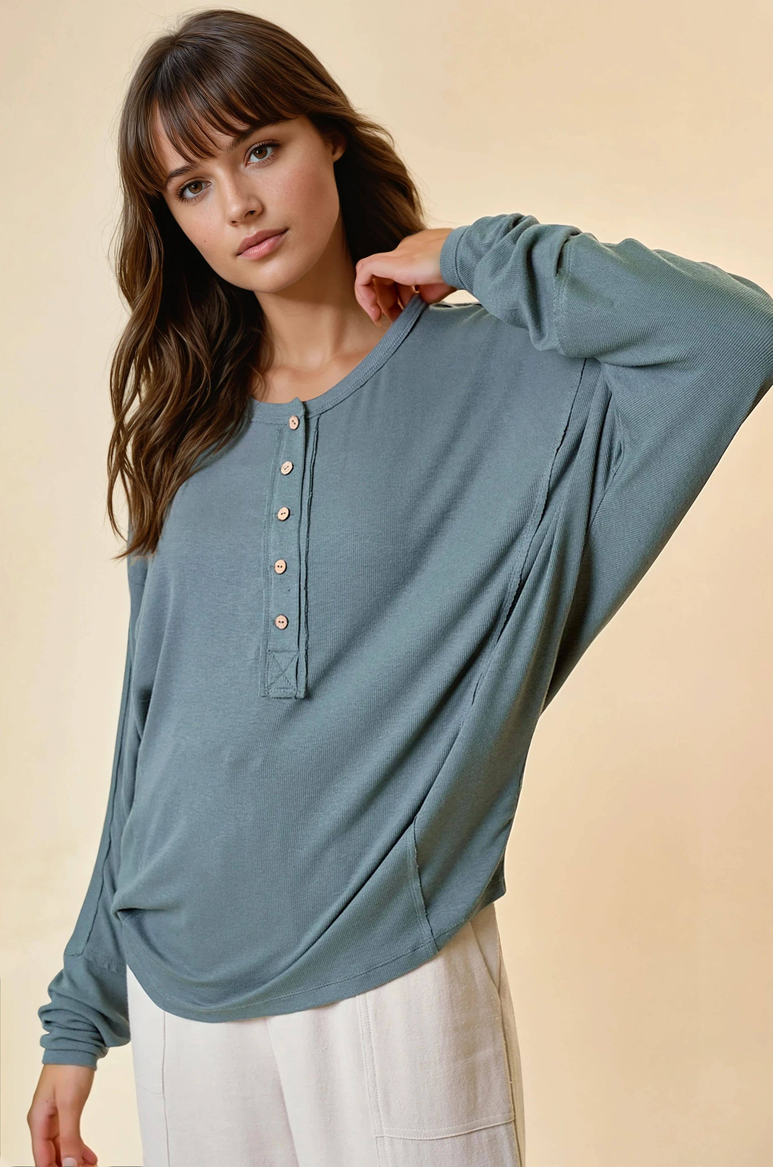 Dolman Sleeve Oversized Henley Top - Dusty Olive
