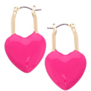 Bowen Puffy Heart Enamel Padlock Earrings in Fuchsia