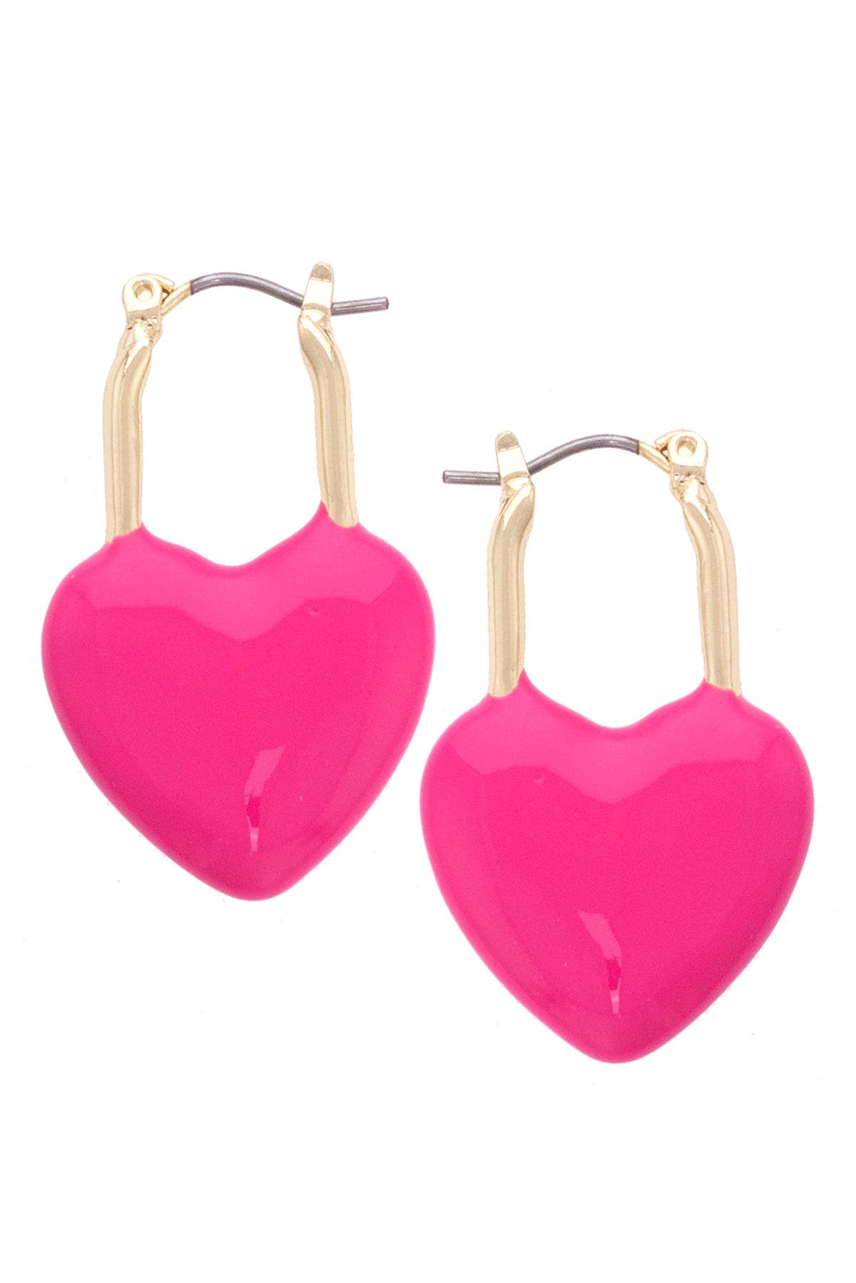 Bowen Puffy Heart Enamel Padlock Earrings in Fuchsia