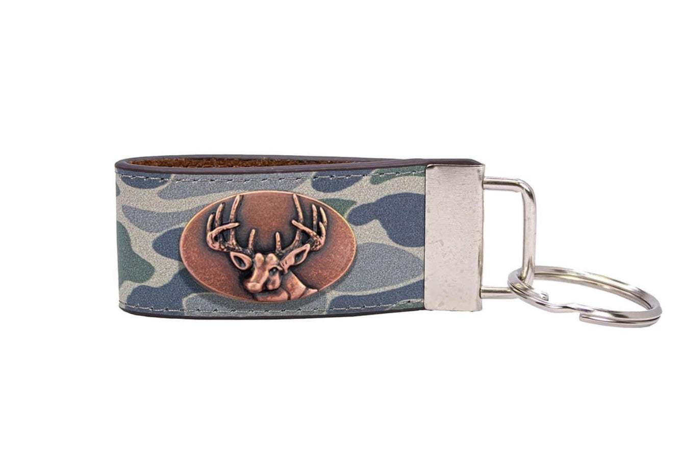 Green Old School Camo Leather Loop Key Fob - Buck Concho