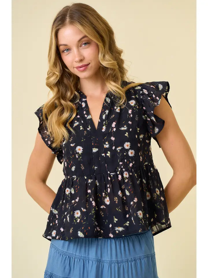 Floral Printed Ruffle Top - Black Multi