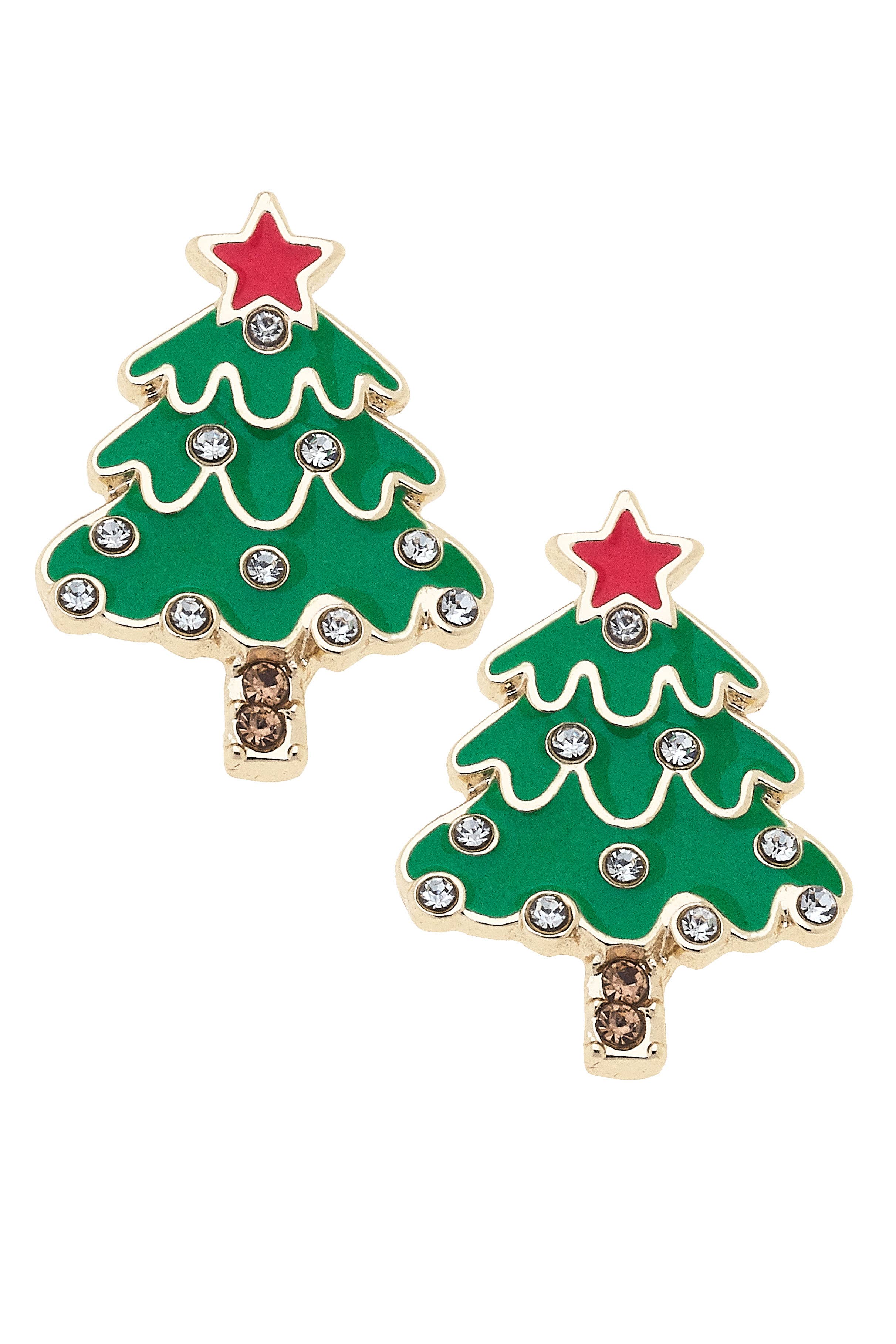 Rhinestone Enamel Christmas Tree Stud Earrings in Green
