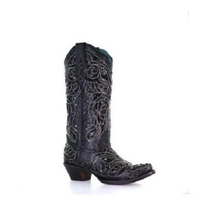 Black Inlay Bone Embroidery & Studs Black Boots