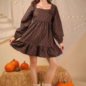 Printed Ruffle Detail Dress - Chocolate