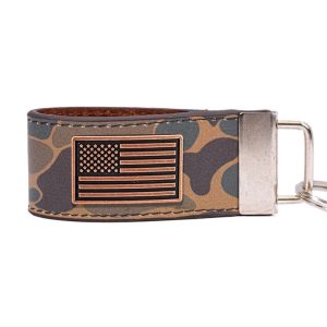 Brown Old School Camo Leather Loop Key Fob - USA Flag Concho