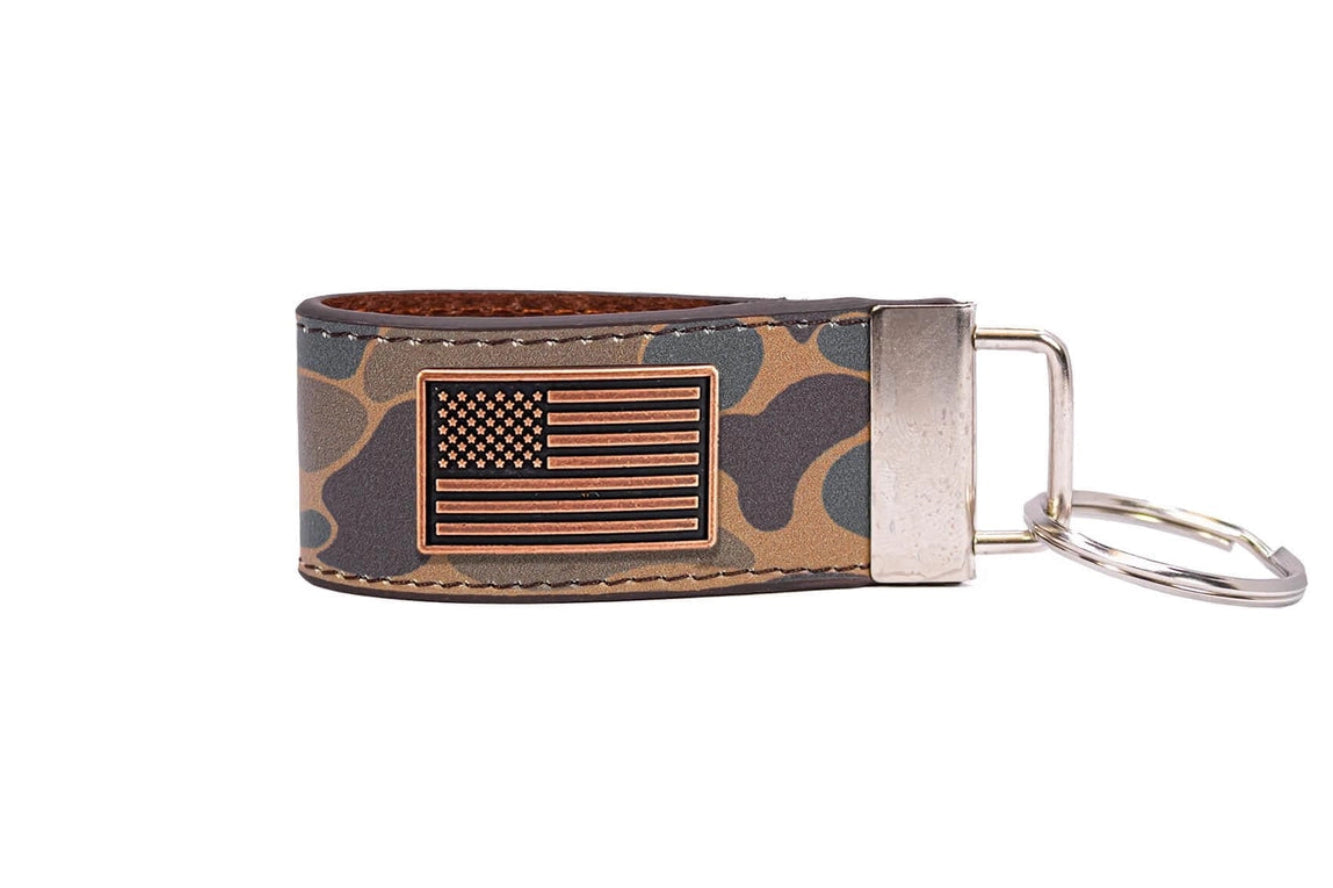 Brown Old School Camo Leather Loop Key Fob - USA Flag Concho