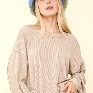 Two Tone Otto Ribbed Oversized Soft Comfy Knit Top: Oatmeal