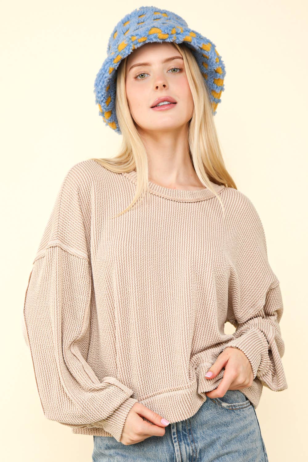 Two Tone Otto Ribbed Oversized Soft Comfy Knit Top: Oatmeal