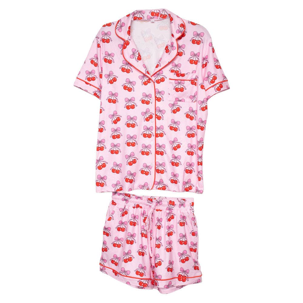 Cherry Bow Repeat Pajama Set - Pink