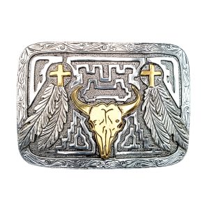 Skull with Crosses and Feathers Buckle