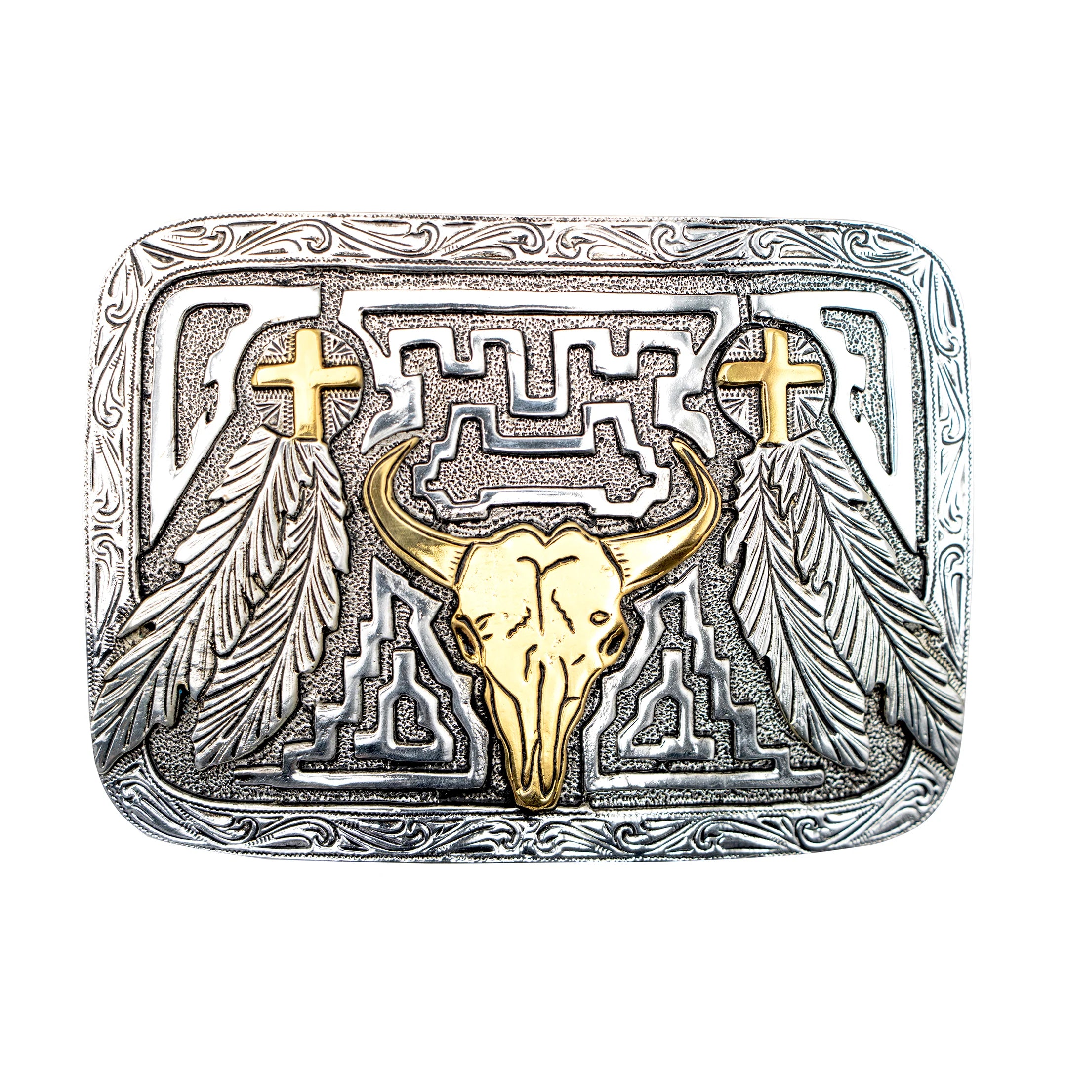 Skull with Crosses and Feathers Buckle