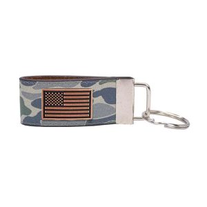 Green Old School Camo Leather Loop Key Fob - USA Flag Concho