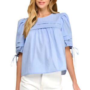Pleated Keyhole Puff Sleeve Blouse - Baby Blue