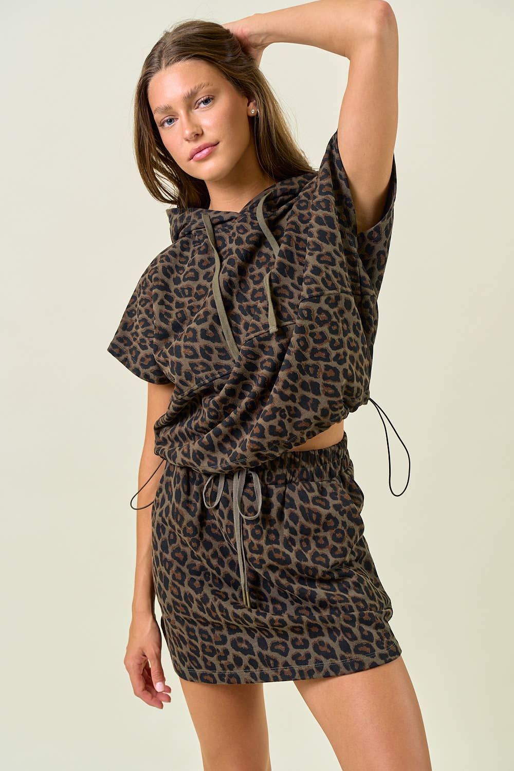 Oversized Terry Hoodie - Olive Leopard