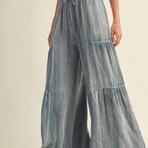 Ruffled Side Washed Denim Wide Leg Pant