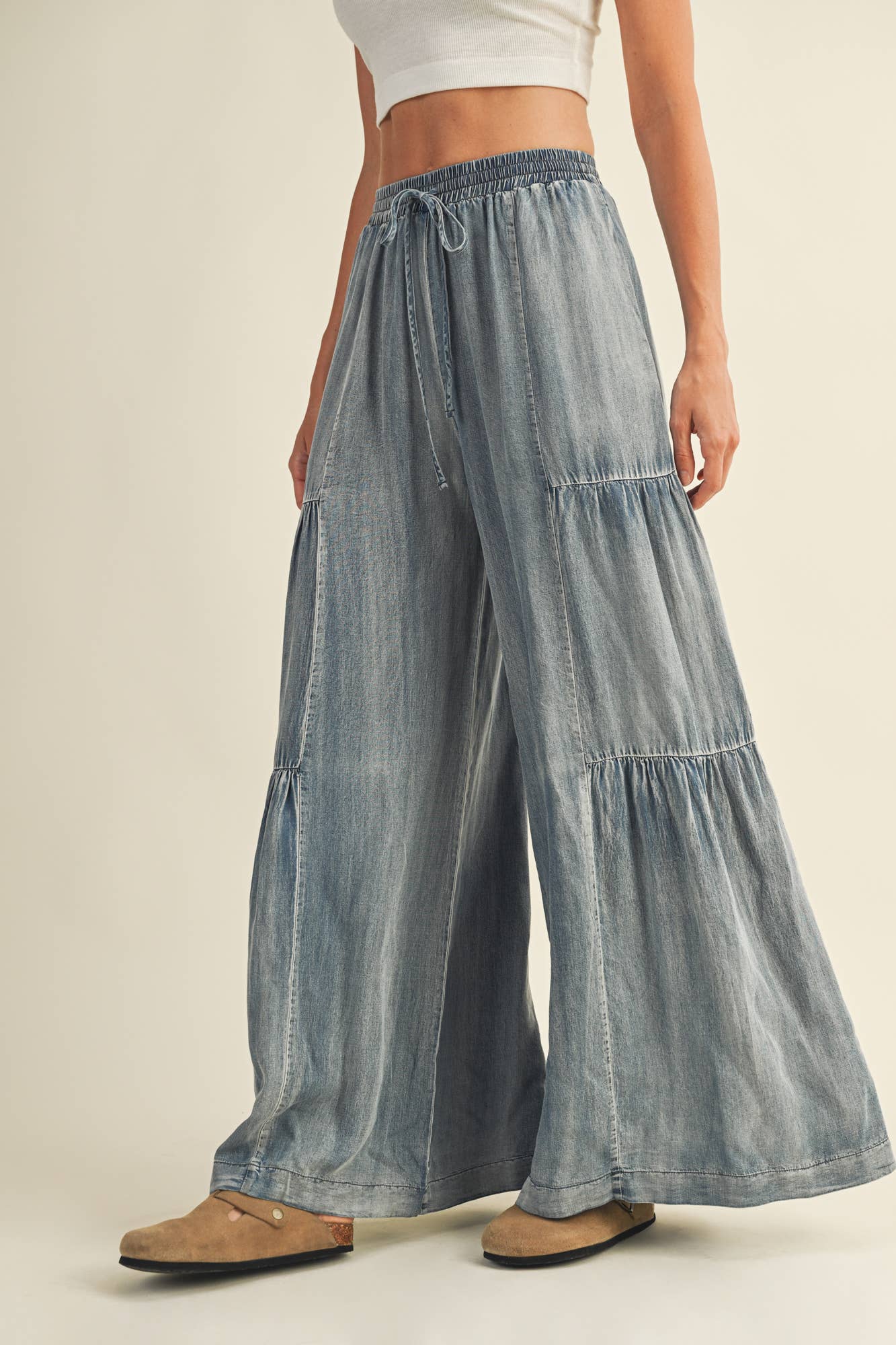 Ruffled Side Washed Denim Wide Leg Pant