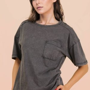 Mineral Washed Knit Top with Pocket - Charcoal
