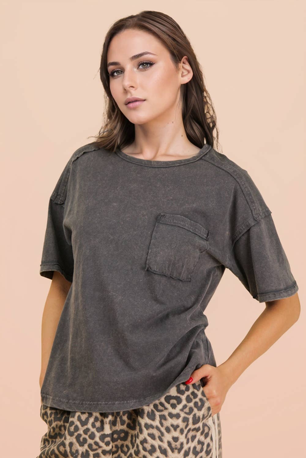 Mineral Washed Knit Top with Pocket - Charcoal