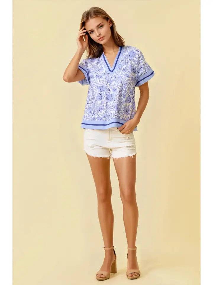 Floral Printed Ruffle Tiered Top - Peri Blue