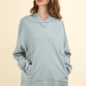 Raw Edge Cute Detail Hoodie Knit Top: Denim Blue