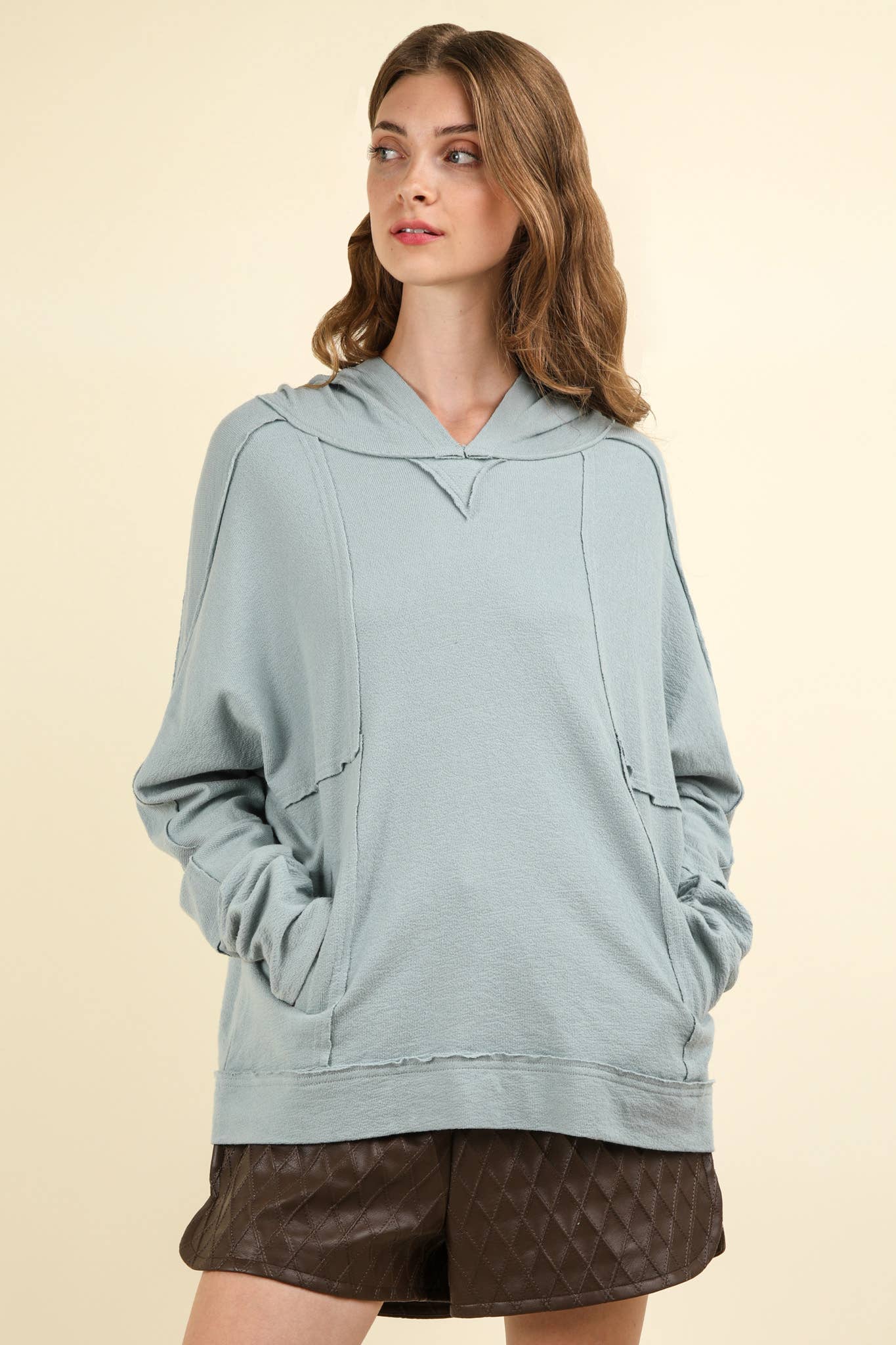 Raw Edge Cute Detail Hoodie Knit Top: Denim Blue