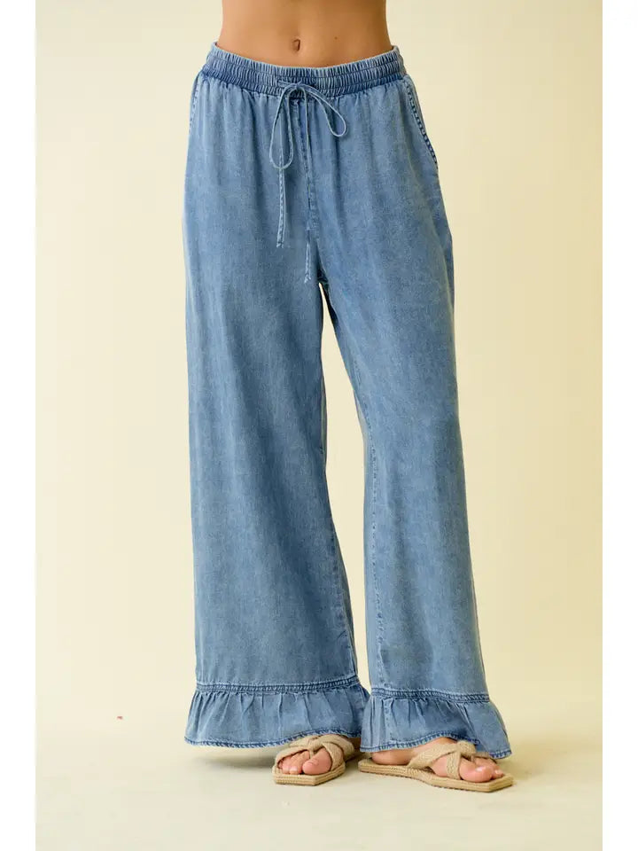 Denim Ruffle Bottom Wide Leg Pant