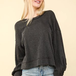 Two Tone Otto Ribbed Oversized Soft Comfy Knit Top: Charcoal