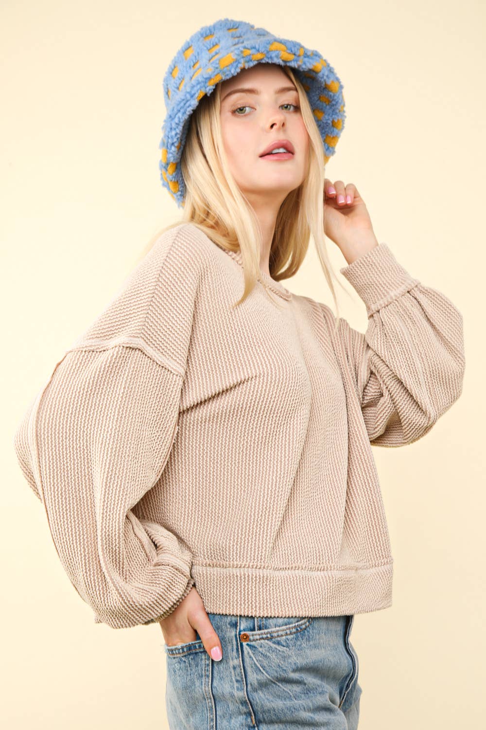 Two Tone Otto Ribbed Oversized Soft Comfy Knit Top: Oatmeal - Image 3