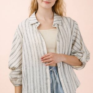 Roll up Half Sleeve Stripe Shirt Top - Black