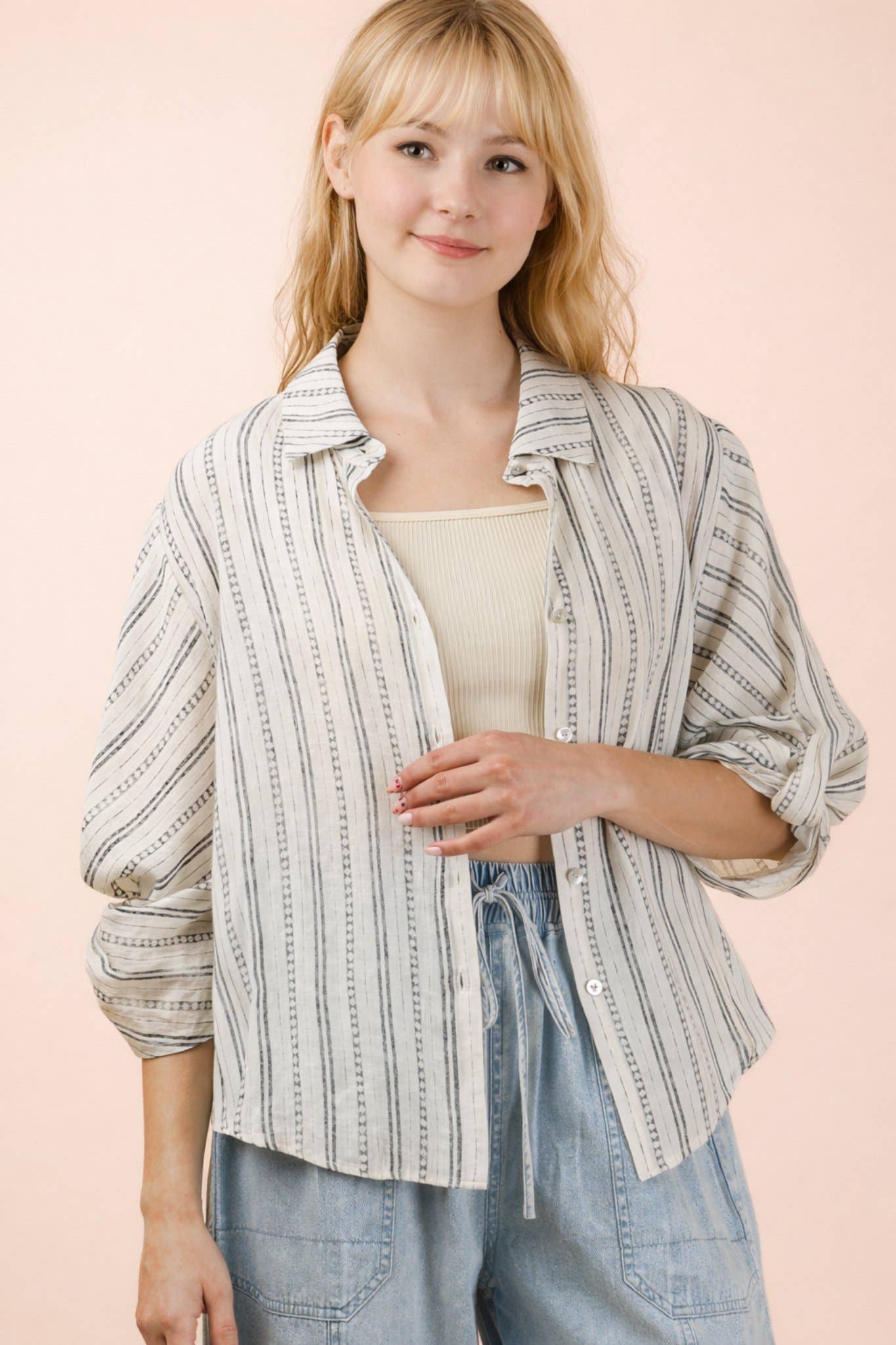 Roll up Half Sleeve Stripe Shirt Top - Black