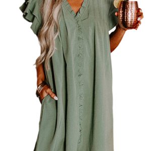 Ruffle Short Sleeve Buttoned Dress: Mist Green