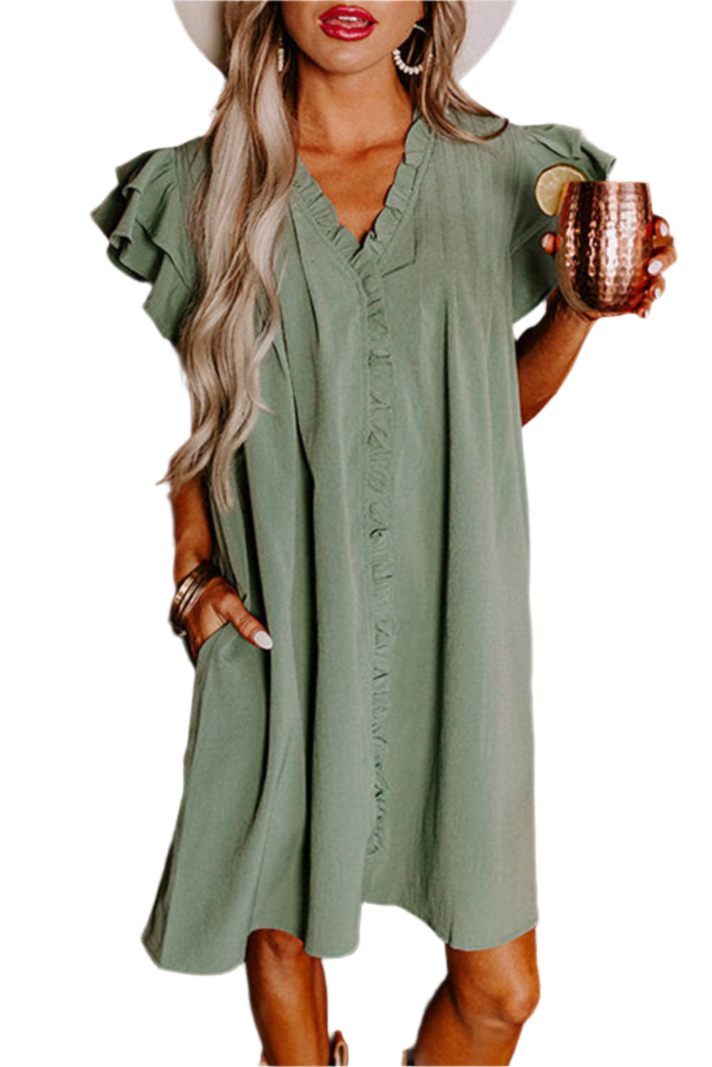 Ruffle Short Sleeve Buttoned Dress: Mist Green