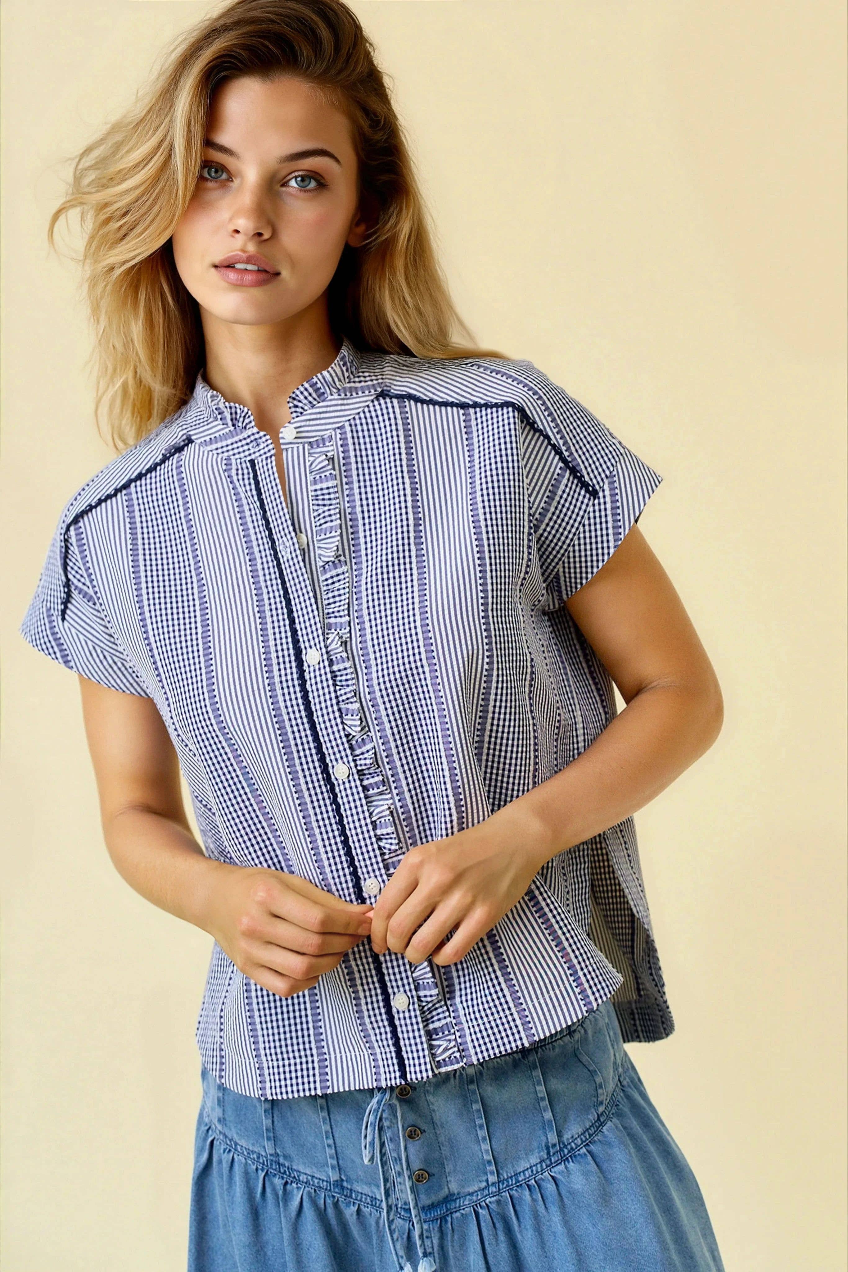 Gingham Ruffle Mix Top - Navy