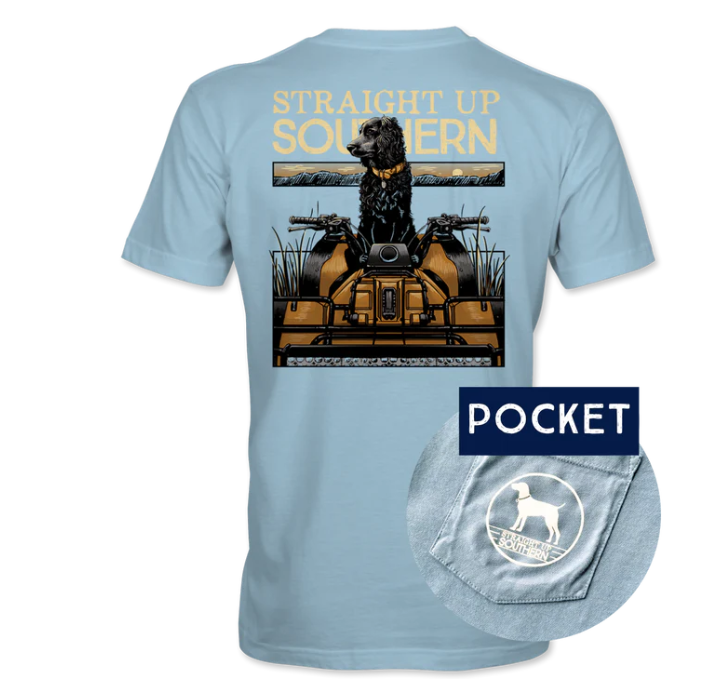 Straight Up Southern Boykin 4-Wheeler Men's Pocket T-Shirt – Chambray