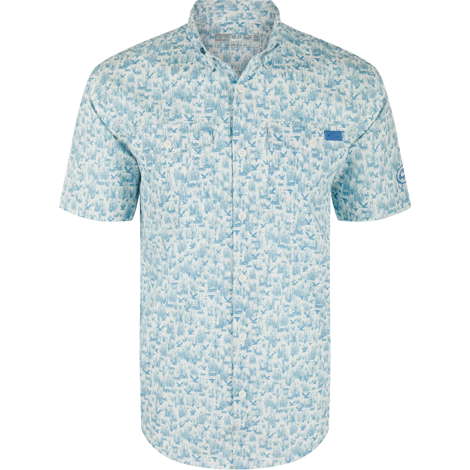 The Cotton SS Shirt Marsh Print - White/Marina Blue