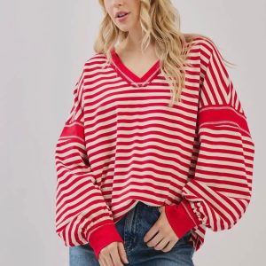 Striped Balloon Sleeve V Neck Knit Top