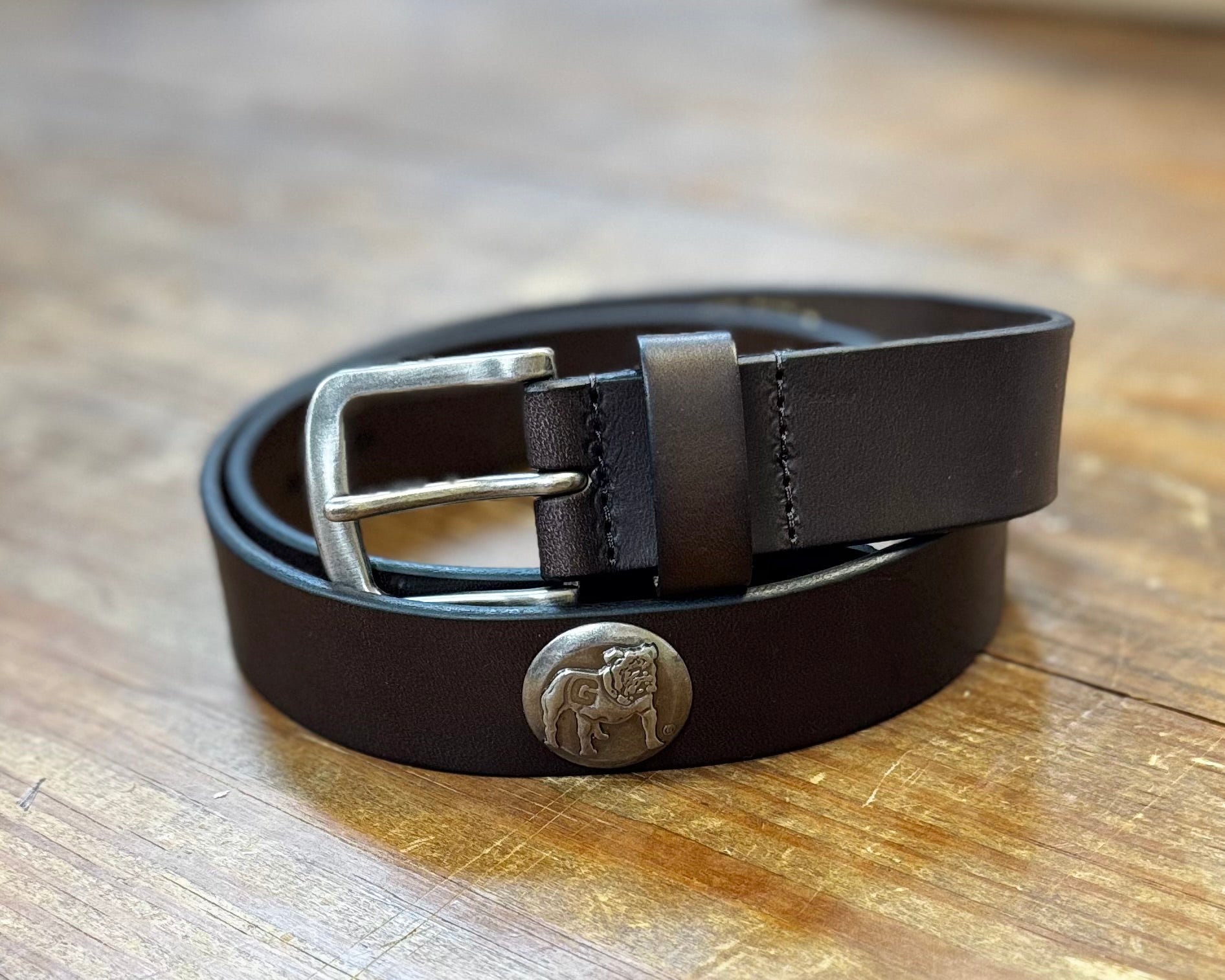Standing Bulldog Concho Brown Leather Belt