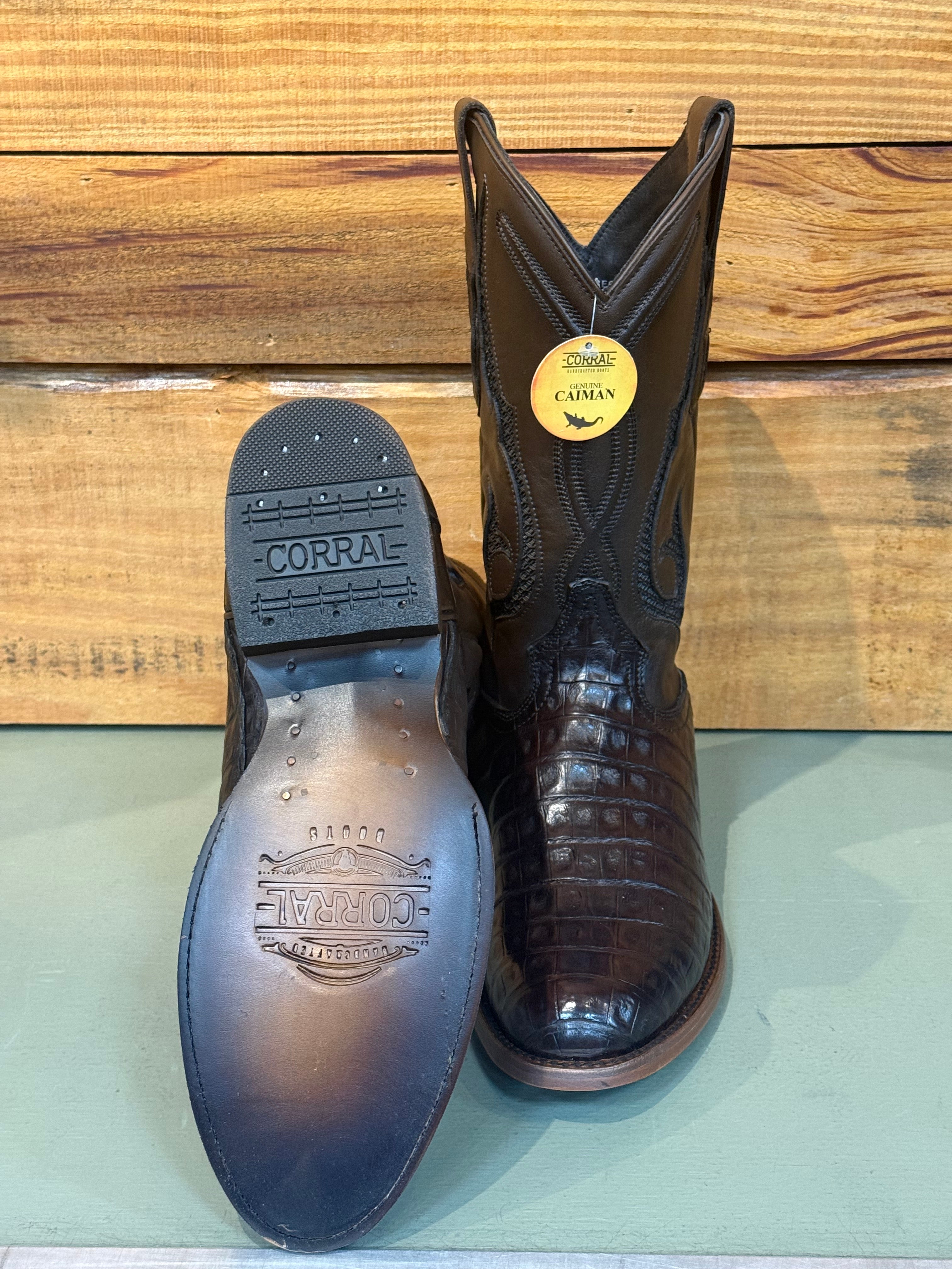 MN BROWN CAIMAN INLAY & EMBROIDERY ROUND TOE